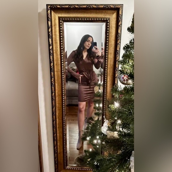 LOUNA🍒SMALL 🍒RICH BRONZE BROWN RUCHED LONG SLEEVED PARTY EVENT DRESS 🍒 - Picture 11 of 16